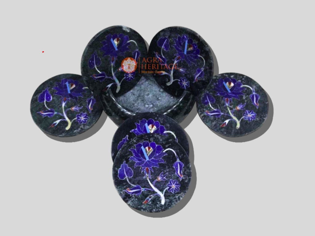 Black Marble Lapis Floral Teapot Coaster Set